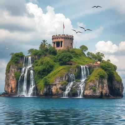 The primary subject of the image is a large, castle-like structure situated on a rock in the middle of a body of water. The setting is a serene, blue ocean, with a few birds flying around the area. The visual style of the image is a combination of photo and digital art, creating a unique and captivating scene. The dominant colors in the image are blue and green, giving the scene a calm and peaceful atmosphere.
